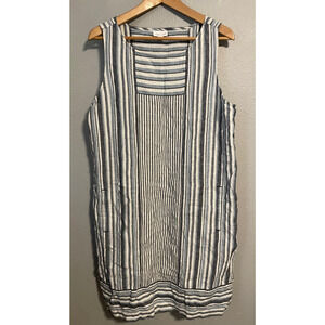 J Jill Dress Womens Large Blue White Striped Linen Sleeveless Pockets Summer